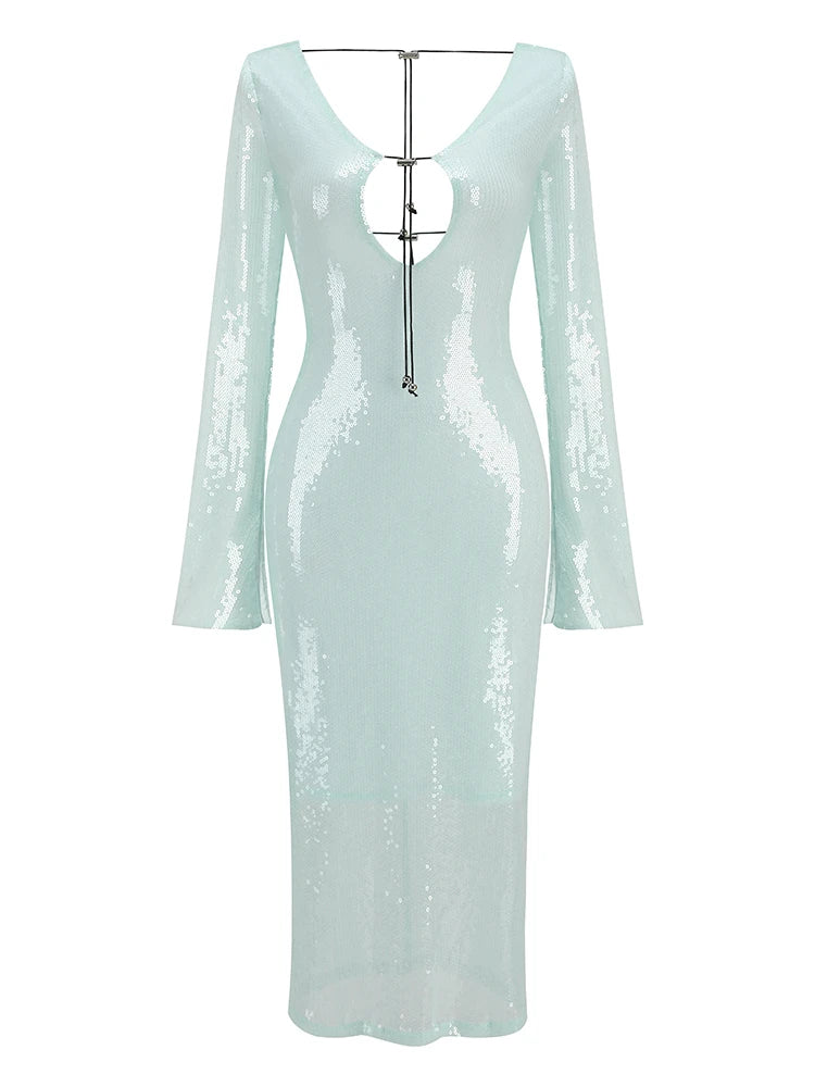 BEVENCCEL Sexy Luxury Sequins Deep V Long Sleeve Backless Sequins Long Dress Elegant Bodycon Maxi Evening Party Clubwear Dress