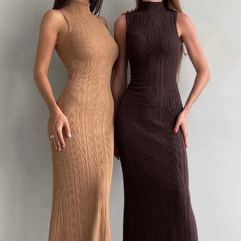 Sexy Women's Knitted Dress 2024 Spring Summer Maxi Turtleneck Sleeveless Sheath Long Dress Slim Party Bodycon Dresses for Women