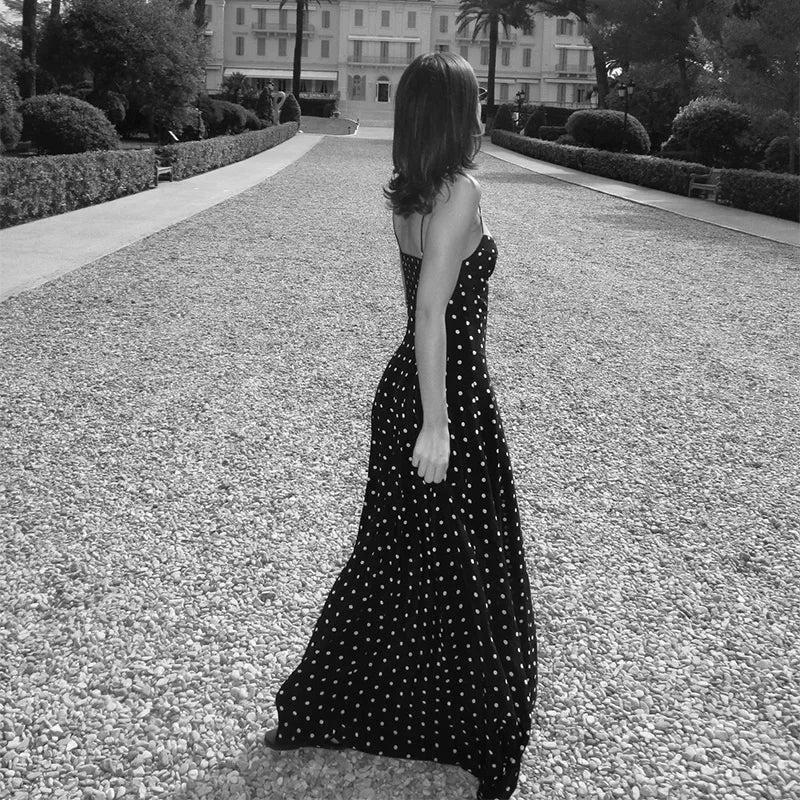 Dot Print Strapless Long Dress Women Retro V-neck Sleeveless Backless High Waist Dresses Female 2025 Spring New Lady Party Robes