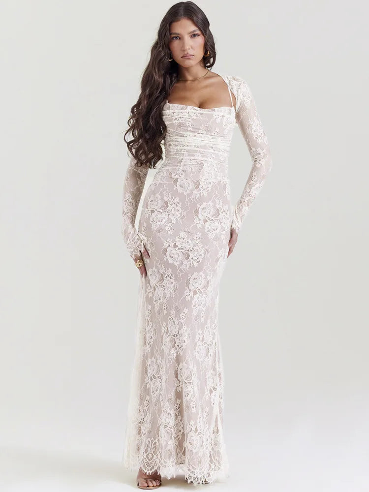 Mozision Elegant Lace Print Maxi Dress Set Women Fashion Spaghetti Strap Long Sleeve Bodycon Club Party Sexy Long Dress
