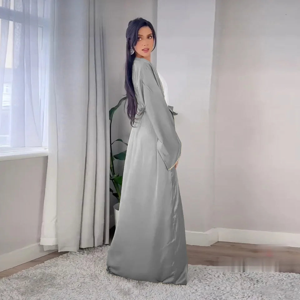 2024 Muslim Dress Diamond Women's Long Dress Fashion Long Sleeve Lace-up Long Abayas Casual Solid Color Clothes for Muslim Women