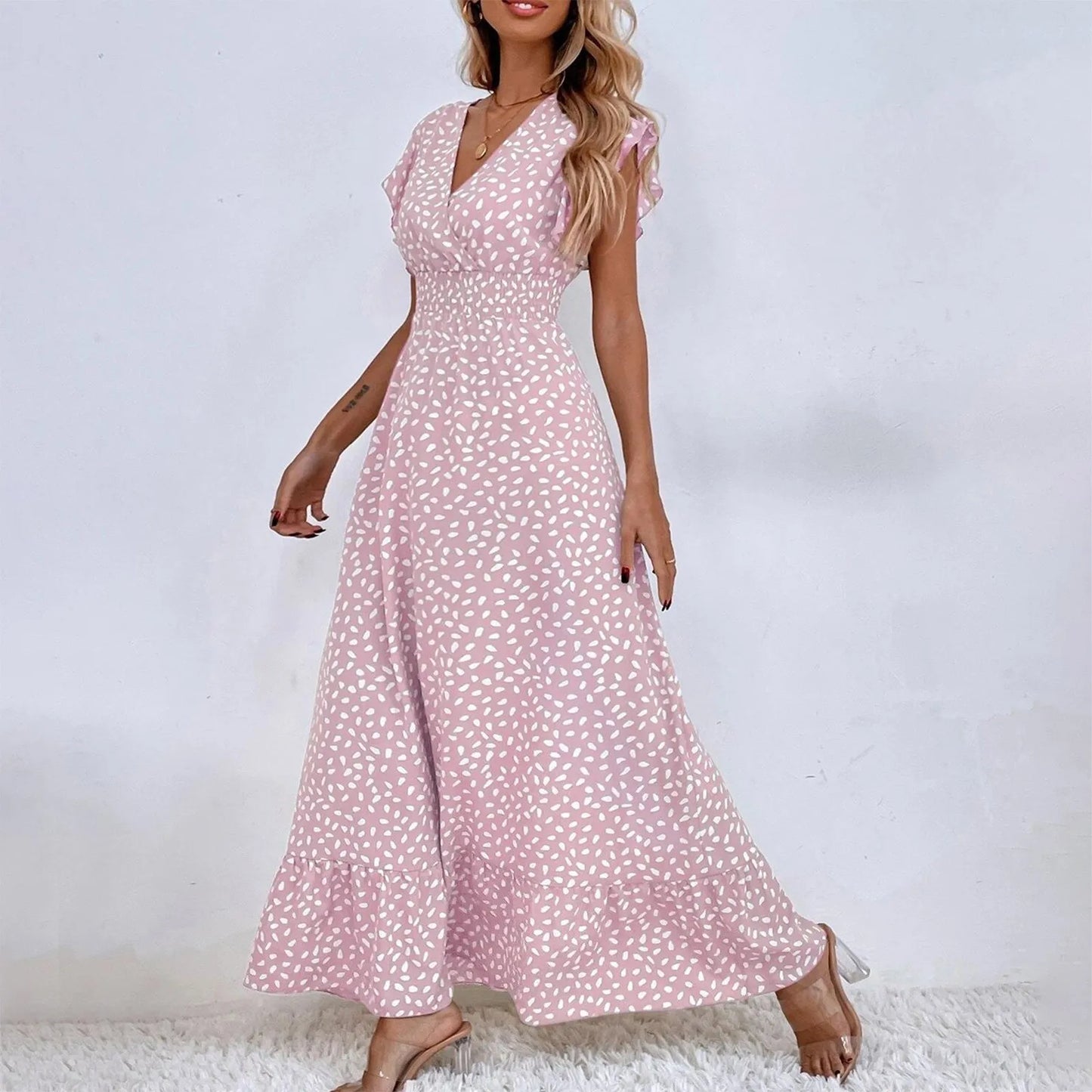 Polka Dot Dress For Women Sexy V-Neck Long Dress Casual And Fashionable Ruffle Edge Short Sleeved High Waisted Dress