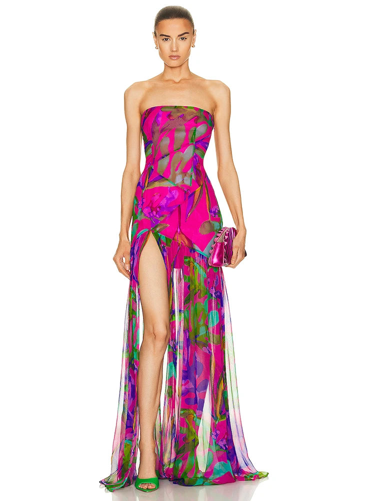 Summer Strapless Floral Printed Long Dress Women Fashion Sleeveless Print Split Maxi Dress Elegant Beach Party Evening Dresses
