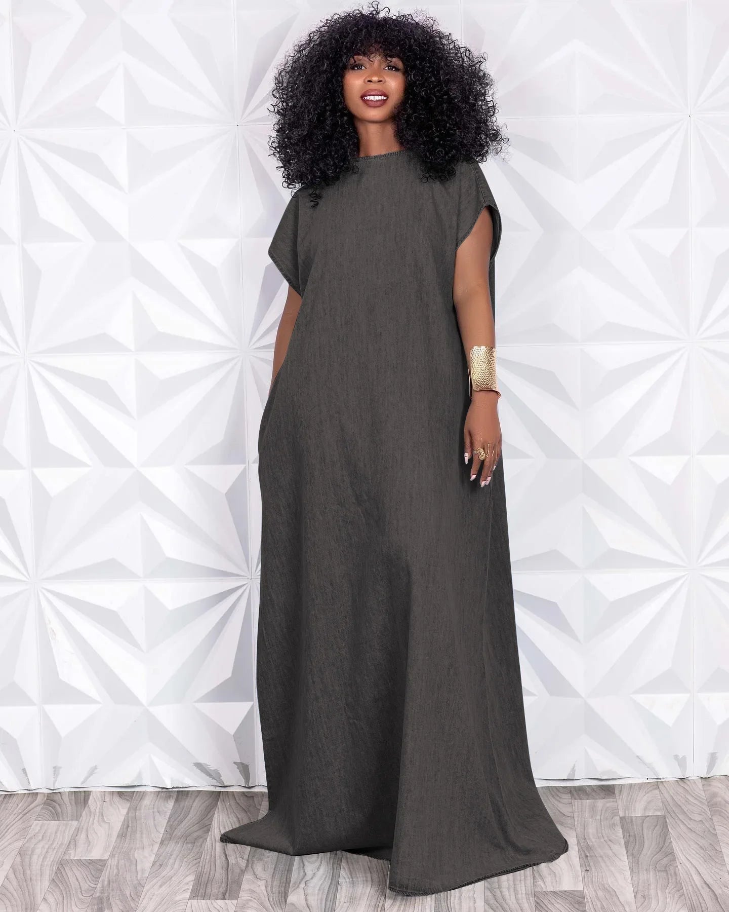CM.YAYA Vintage Women Fashion Batwing Short Sleeve Denim V-back Loose Slim Maxi Long Dress 2023 High Street Vestido Jean Dresses