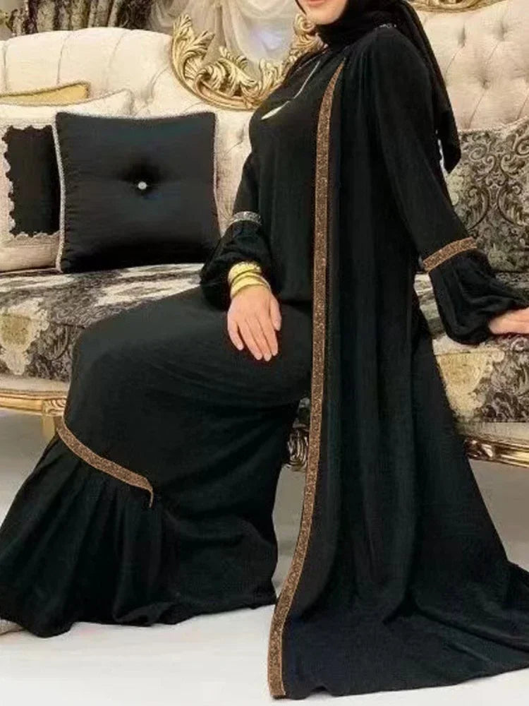 Muslim Women Hijab Dress 2 Piece Set Eid Lantern Sleeve Maxi Long Dress Islamic Clothing Caftan Kimono Big Swing Abaya Dresses