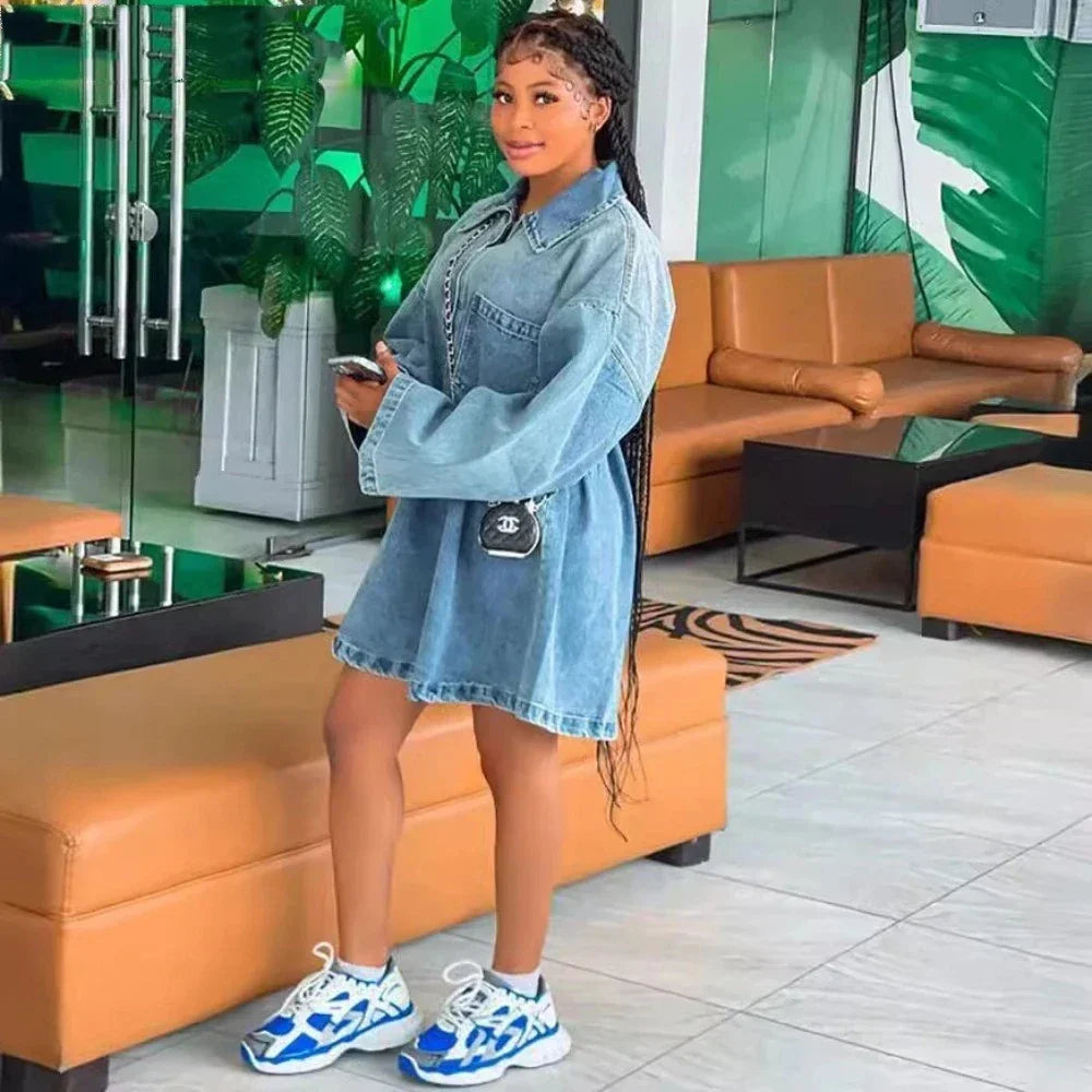 Women's Denim Dresses Lapel Zip Mini Long Sleeve Dresses Fashion Casual Loose Patch Pocket Party Commuter Denim Dresses