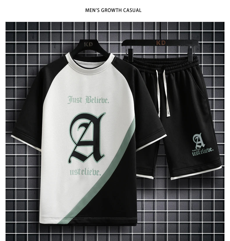 Summer Men Sets Streetwear plaid Short Sleeve T-Shirts +Shorts Breathable Chinese Style Man Sportswear 2 Pieces Suits