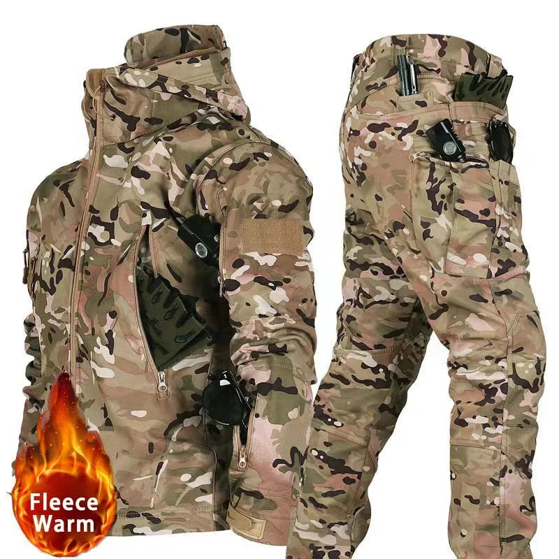 Winter Tactical Sets Men Outdoor Work Fleece Jacket Waterproof Shark Skin Soft Shell Hooded Jacket Multi-pocket Cargo Pant 2 Pcs