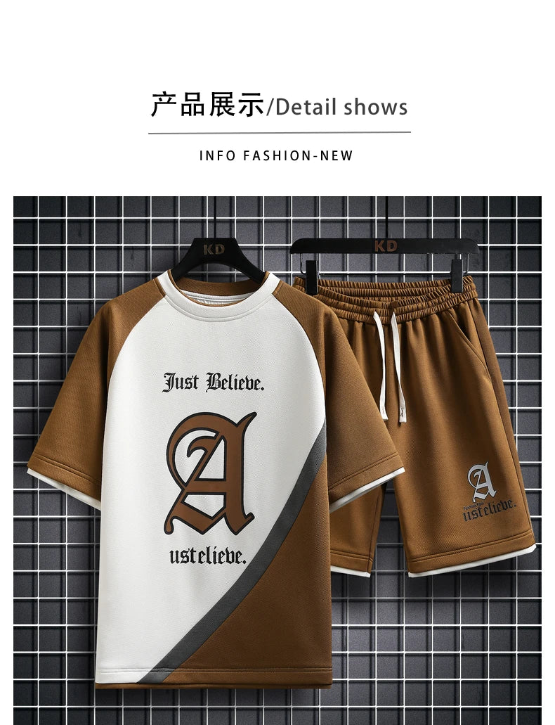 Summer Men Sets Streetwear plaid Short Sleeve T-Shirts +Shorts Breathable Chinese Style Man Sportswear 2 Pieces Suits