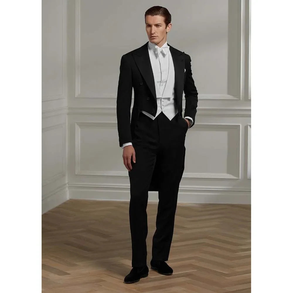 England Style Men Suits Elegant Peak Lapel Double Breasted Tailcoat Fashion Prom Concert Wedding Formal Male Suit 3 Piece Set