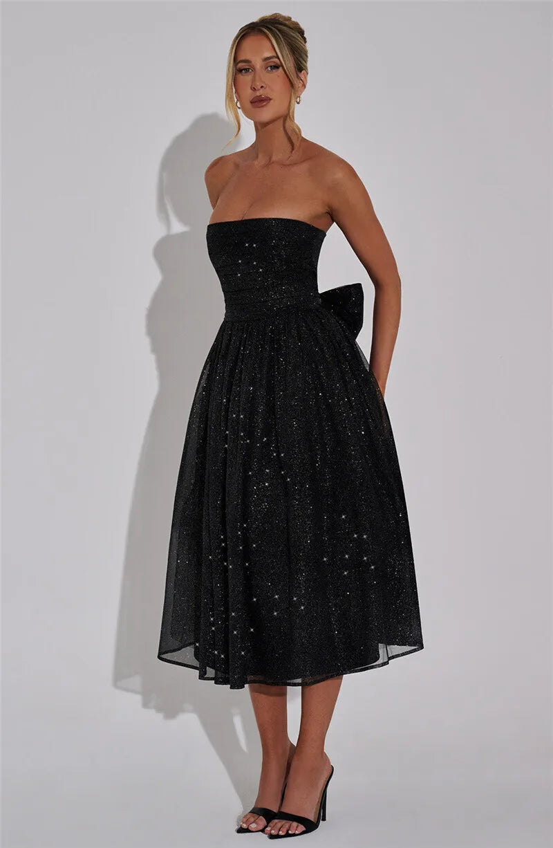 Mozision Off-shoulder Backless Bow Sexy Maxi Dress For Women Strapless Sleeveless A-line Loose Pleated Sexy Long Dress Clubwear