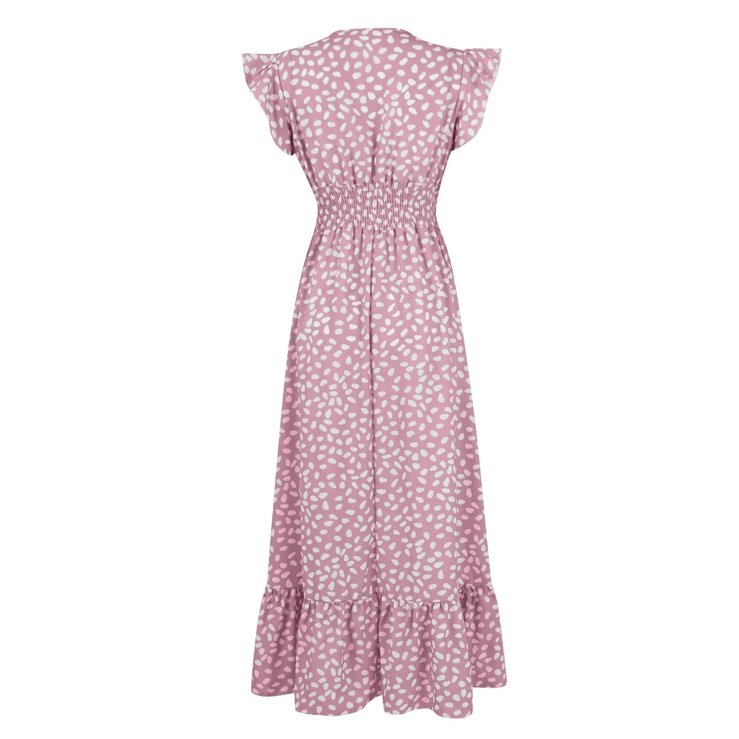 Polka Dot Dress For Women Sexy V-Neck Long Dress Casual And Fashionable Ruffle Edge Short Sleeved High Waisted Dress