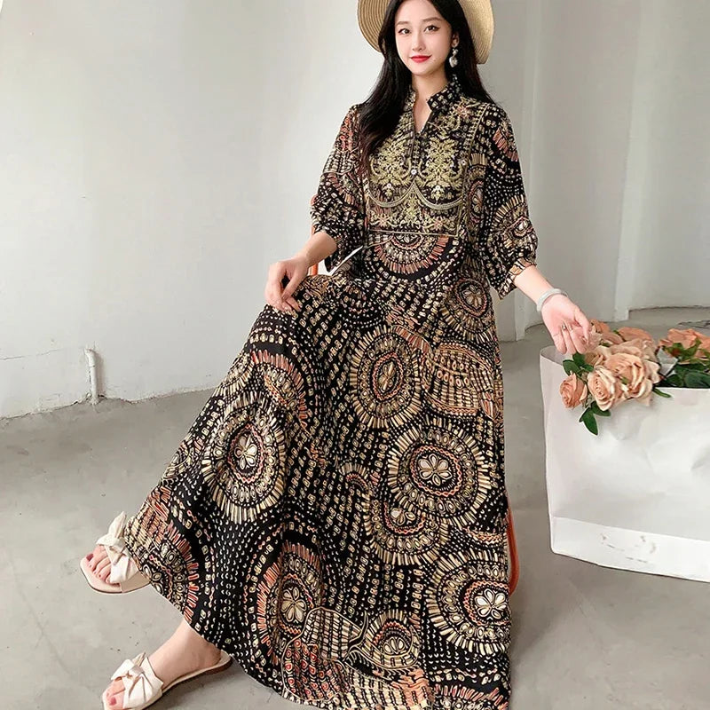 Summer Autumn Robe Maxi Long Dress Women Indian Clothes Boho Cotton Print Floral Boho Korean Style Fashion Casual Vestido Largos