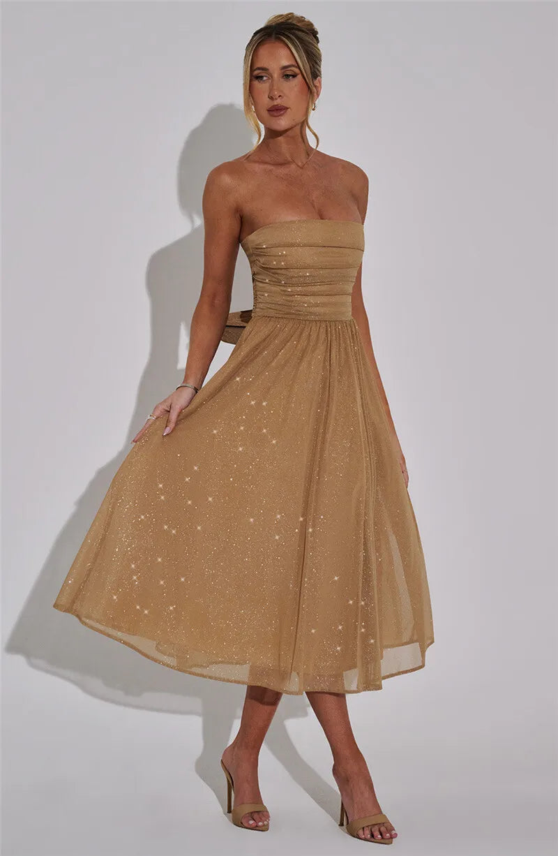 Mozision Off-shoulder Backless Bow Sexy Maxi Dress For Women Strapless Sleeveless A-line Loose Pleated Sexy Long Dress Clubwear