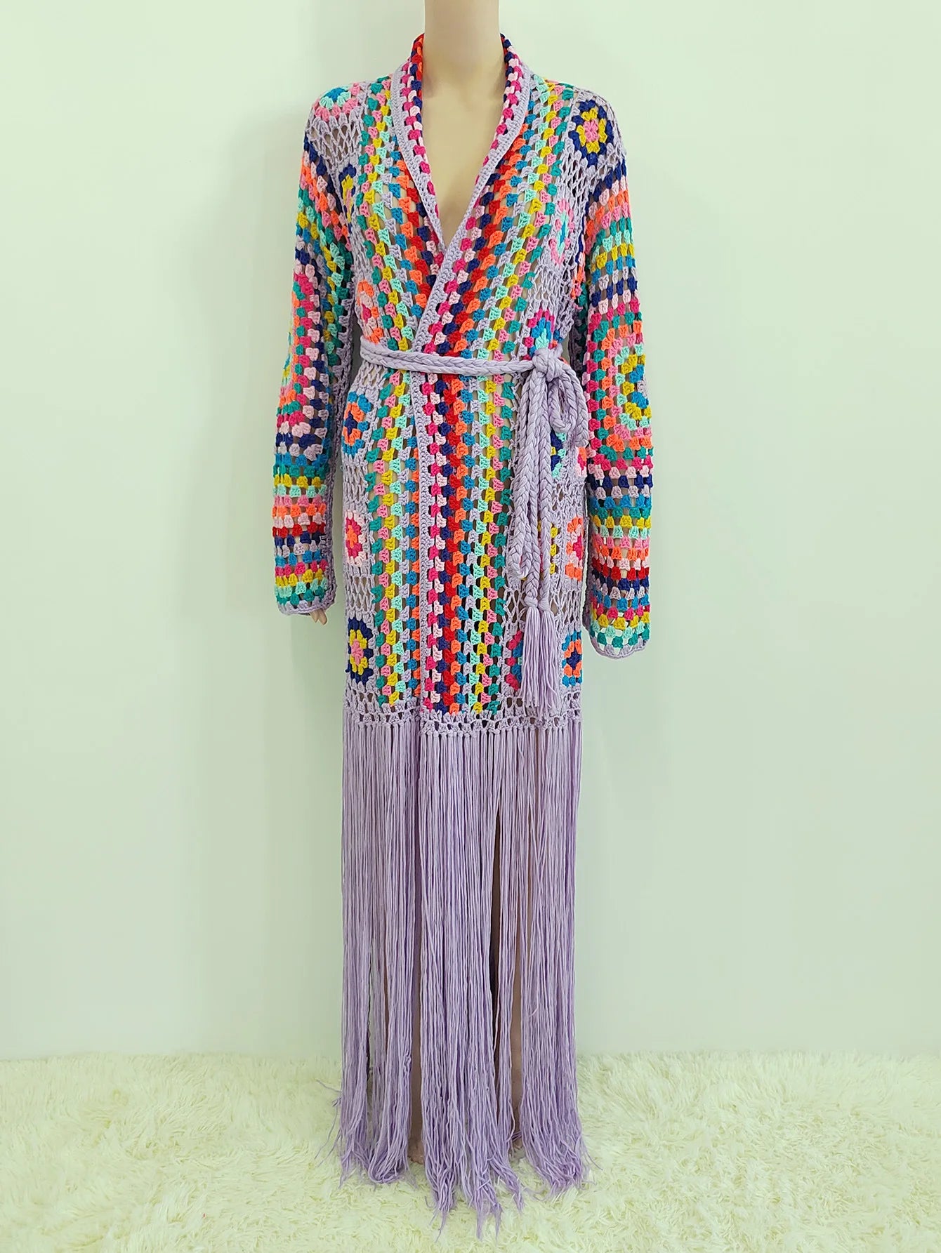 Crochet Knitted Women Cardigan Cover Ups Tassel Plaid Long Coat Bohemian 2023 Summer Beach Bikini Covers Sexy Hook Vestidos