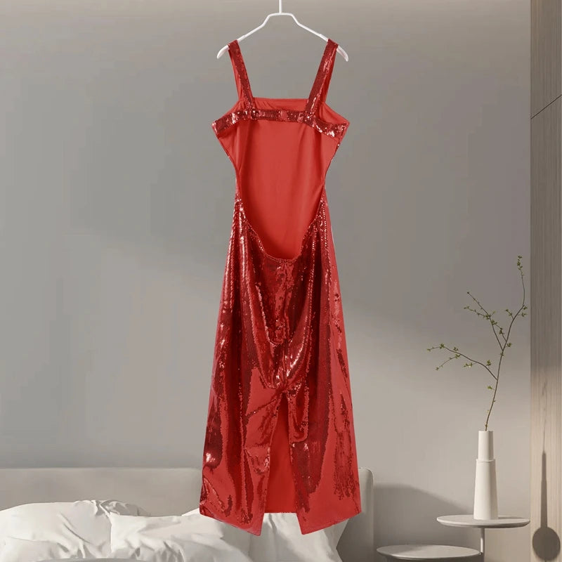 Sexy Square Neck Sling Long Dress Women Slim Sleeveless Backless Hollow Out Maxi Dresses 2025 Lady Party Christmas Gowns