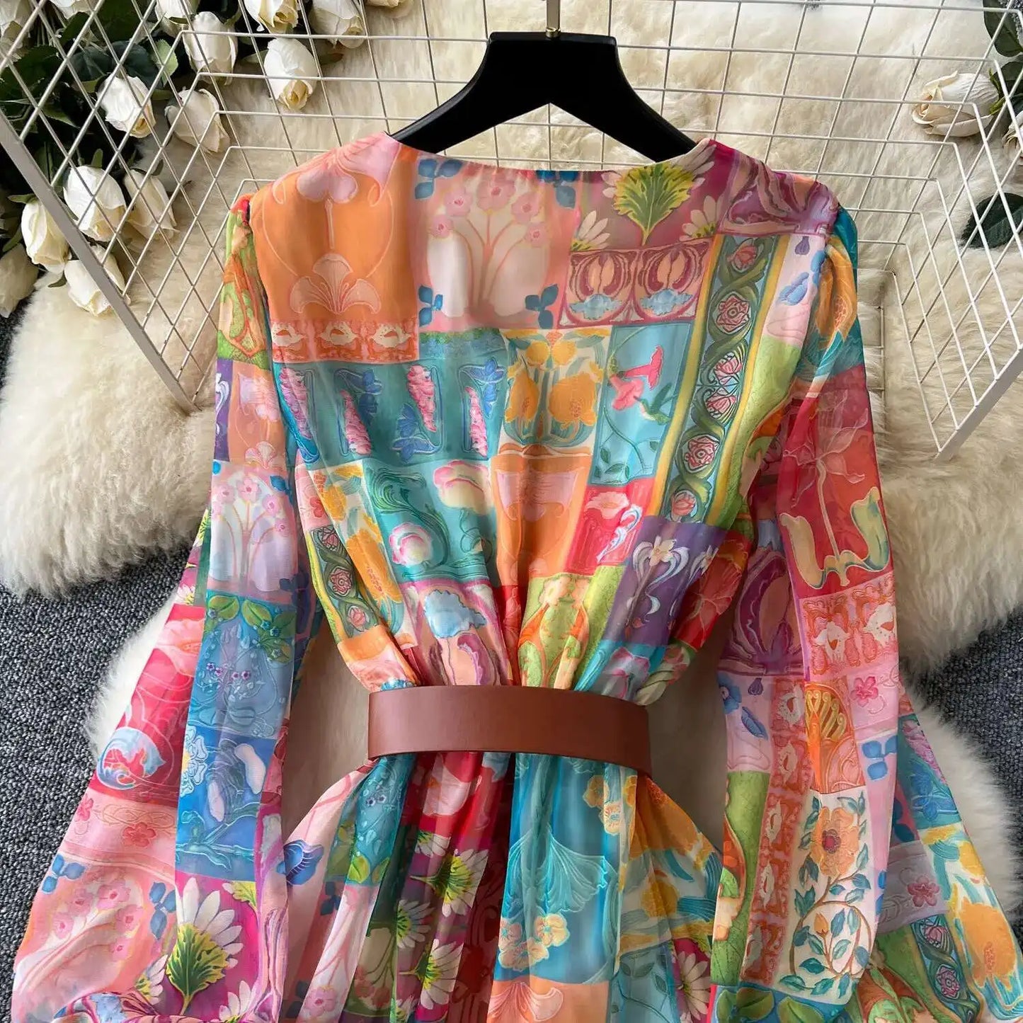 XFPV 2025 Spring New Fashion High-end V-neck Lantern Sleeves High Waist Print Swing Ruffle Edge Chiffon Long Dress Women SM11517