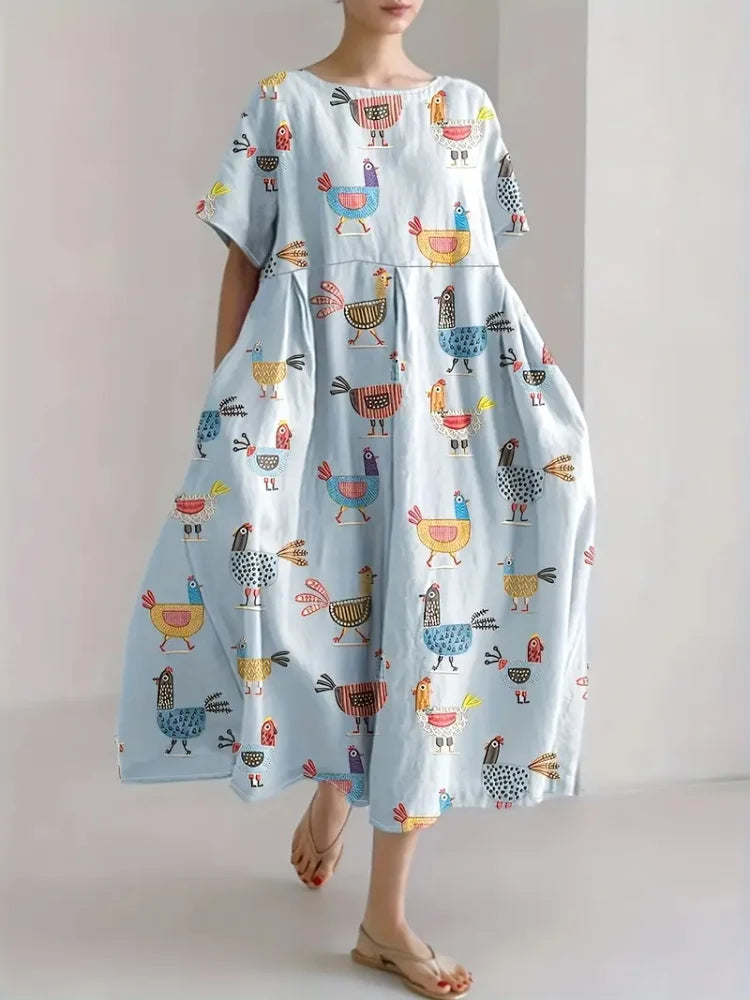 Cute Cat 3D Printed Round Neck Elegant Knee-length Dress Outdoor Holiday Casual Women's Long Dress Elegant Women's Long Dress