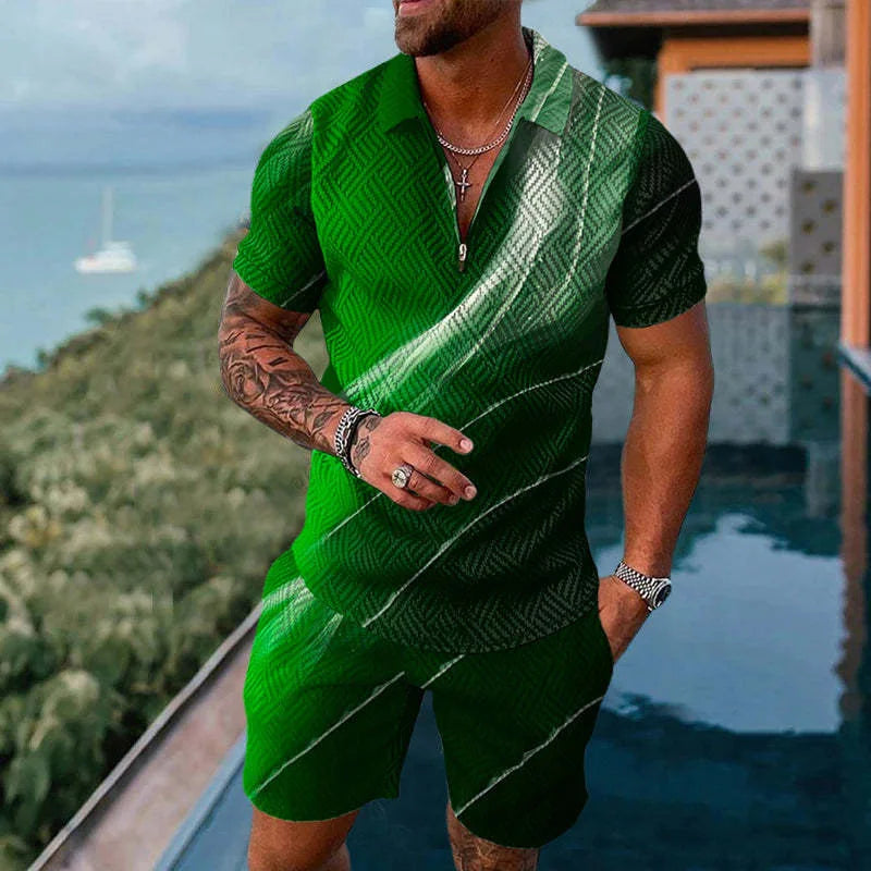 Solid Color Gradient Print Men's Sweatsuit Set Summer Casual Zipper Polo Shirt And Shorts 2pcs Sets Trend Man Pullover Clothing