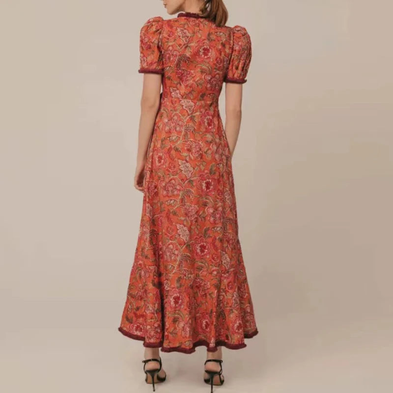 Ethnic Retro Floral Print Lace-up Long Dress Woman New Spring V-neck Puff Sleeve Party Dress Summer Ruffle A-Line Hem Boho Dress