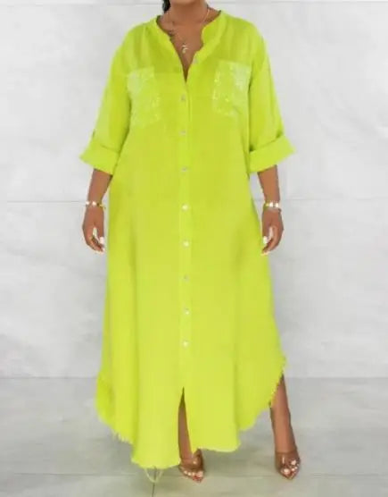 Dresses for Women 2023 Fashion Autumn Loose Solid Long Sleeve Single Breasted Half Open Neck Tassel Long Dress Clothing