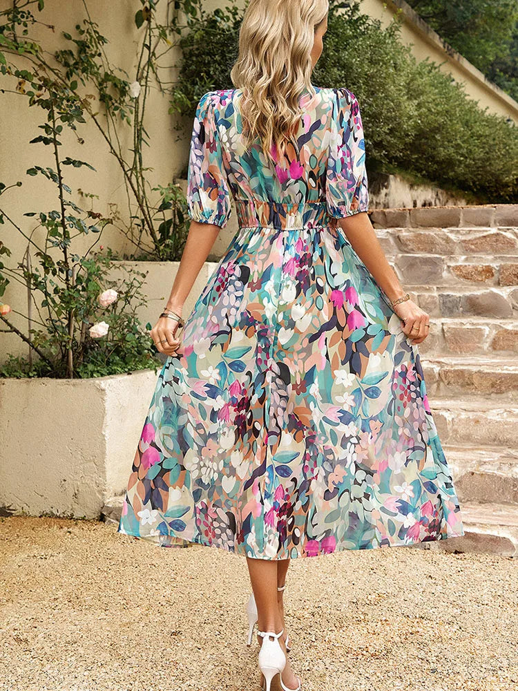 2024 Elegant High Quality Design summer long Dress Waist Cinching V-neck Print Elastic Waist Maxi Dresses for Women Clothing