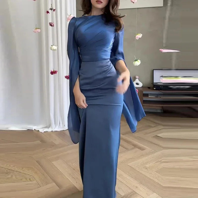 Fashion Satin Solid Robe Dress Women Elegant Batwing Sleeves High Waist Pleats Long Dress Stylish Glass Tulle Slim Evening Dress