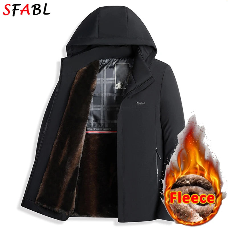 New Hooded Fleece Lining Men's Winter Jacket Coat Parka With Zipper Pockets Korean Winter Jackets for Men's Winter Coats Black