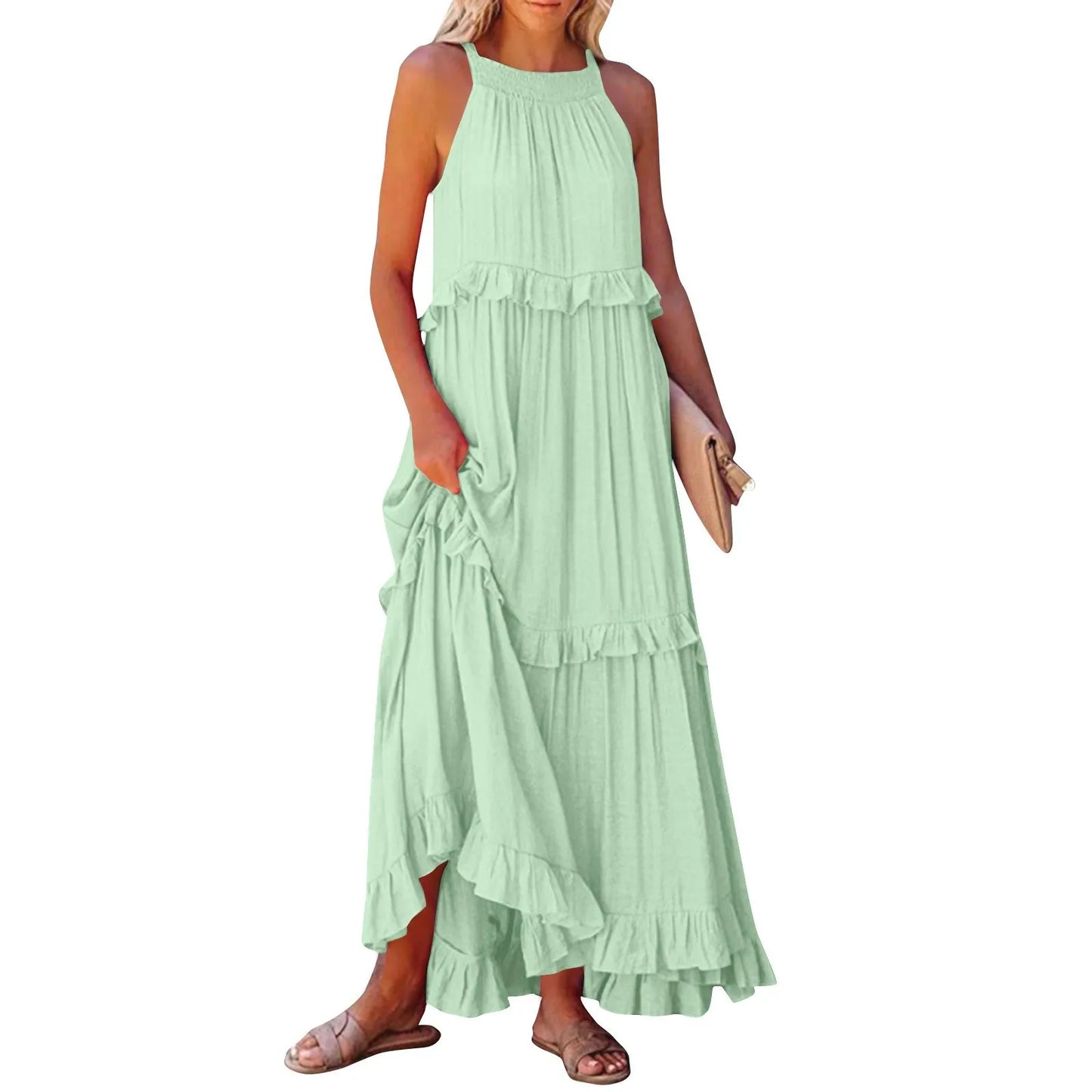 Women's Ruffled hem layered long dresses Summer Sleeveless backless dress Fashion Long Dress Big Swing Beach Dress vestidos