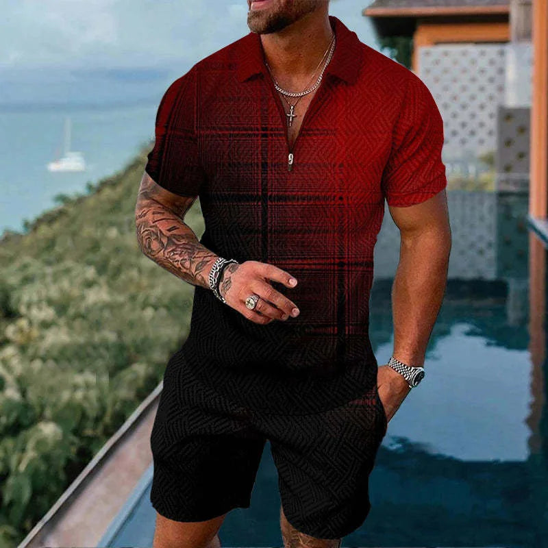 Solid Color Gradient Print Men's Sweatsuit Set Summer Casual Zipper Polo Shirt And Shorts 2pcs Sets Trend Man Pullover Clothing