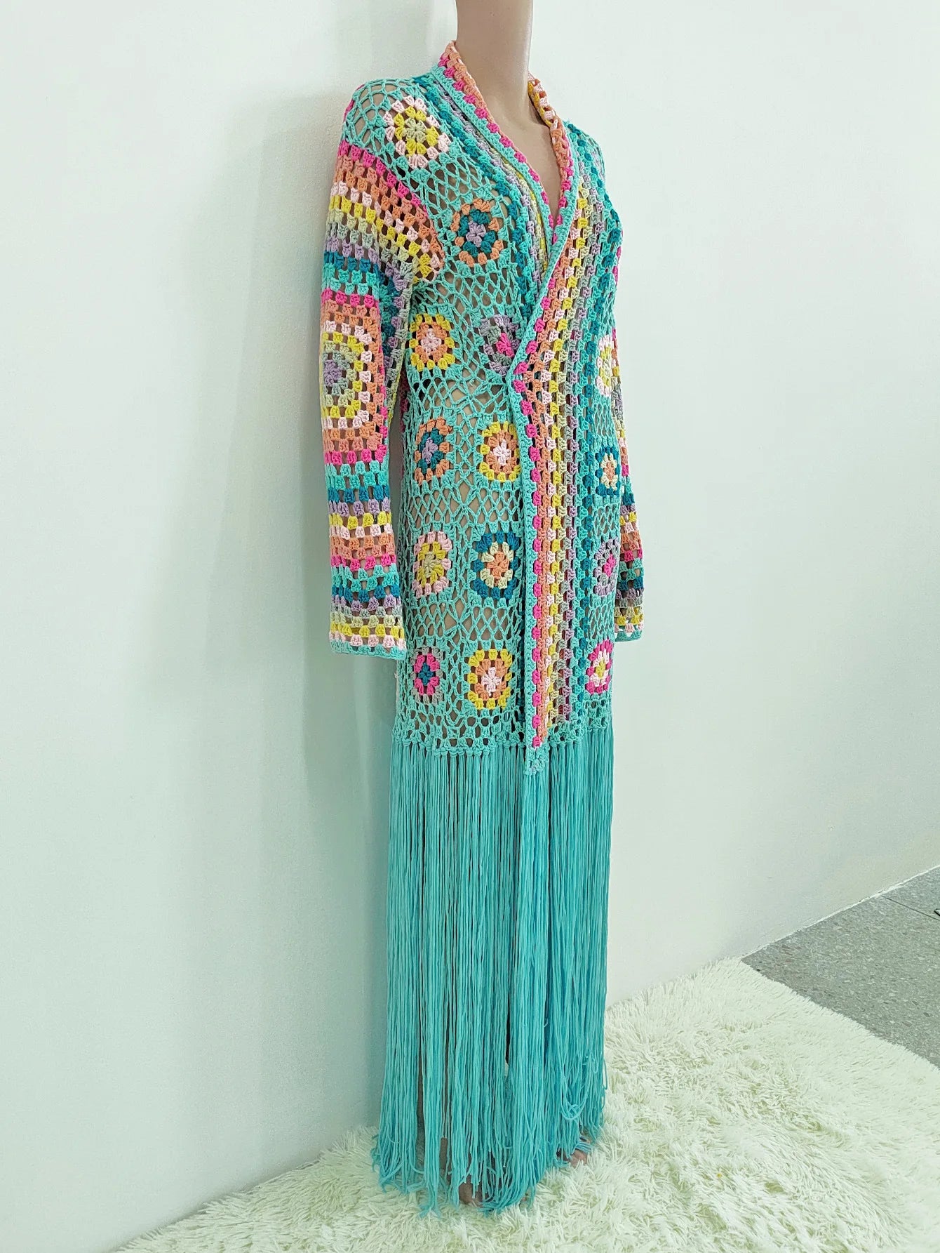 Crochet Knitted Women Cardigan Cover Ups Tassel Plaid Long Coat Bohemian 2023 Summer Beach Bikini Covers Sexy Hook Vestidos