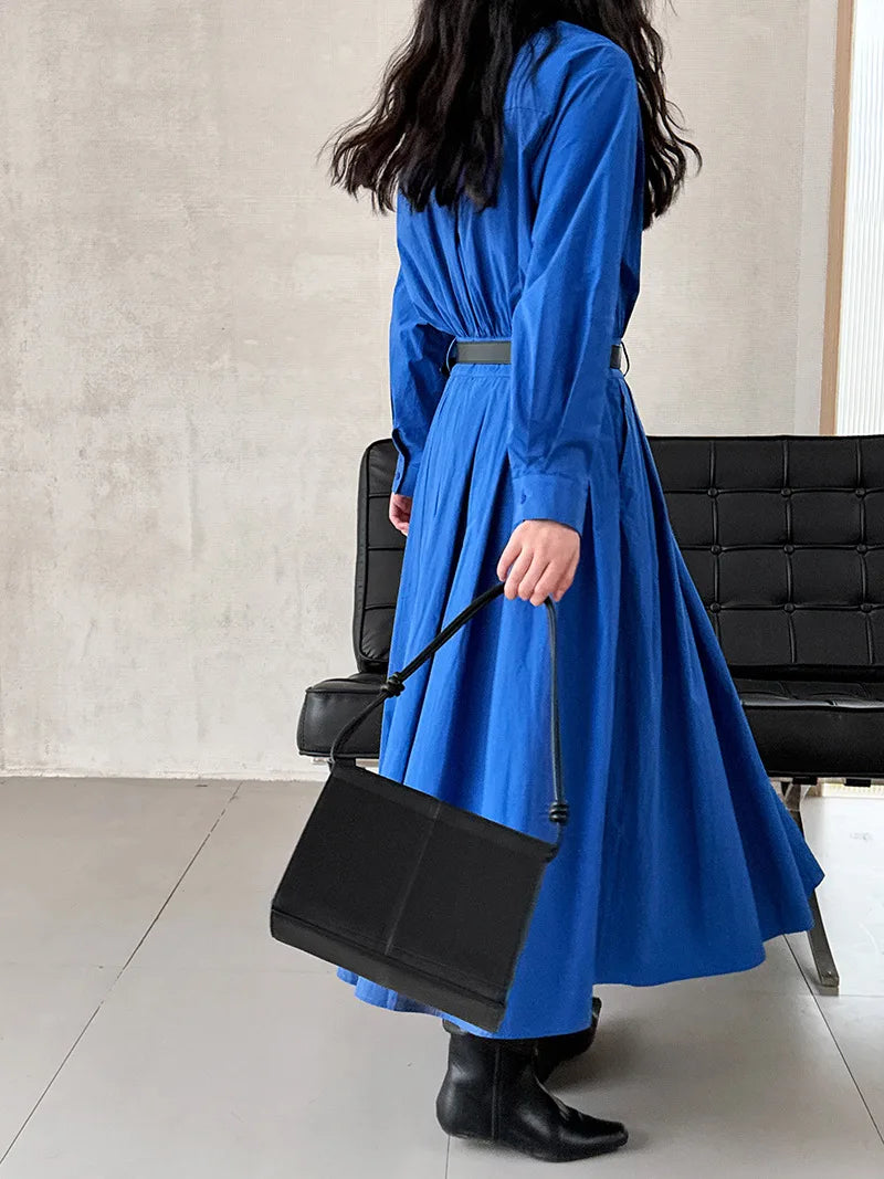Polo‘s Collar Shirt Dress Women Spring Slimming Long Dress With A Cinched Waist Blue / Pink