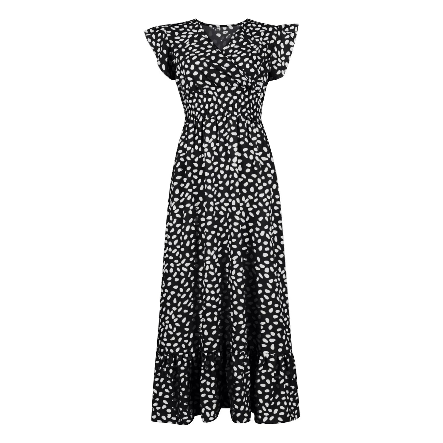 Polka Dot Dress For Women Sexy V-Neck Long Dress Casual And Fashionable Ruffle Edge Short Sleeved High Waisted Dress
