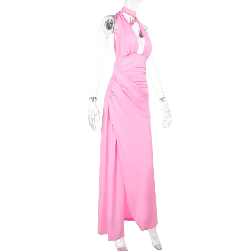 Torova Halter Bandage Slit Long Dress For Women U Neck Sexy Backless Maxi Dress Slim Beach Party Ruched Dress Female Elegant