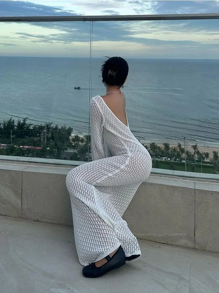 TARUXY Crochet Beach Maxi Dress Women's Sexy Knitted Hollow Bikini Swimsuit Cover-Up Sun Protection Dress See Through Slim Lady