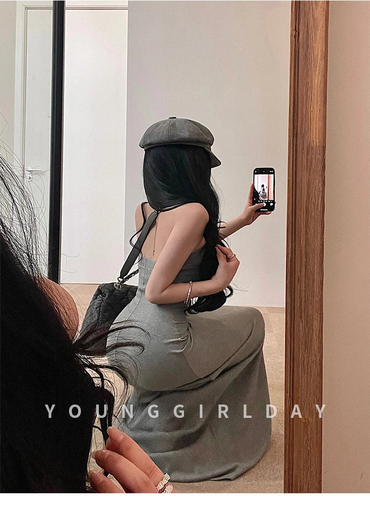 Sweet Women Maxi Dresses Sexy Backless Slim Hanging Neck Dress Long Dress Elegant V Neck Hot Sexy Korean Women Tops 2PLP