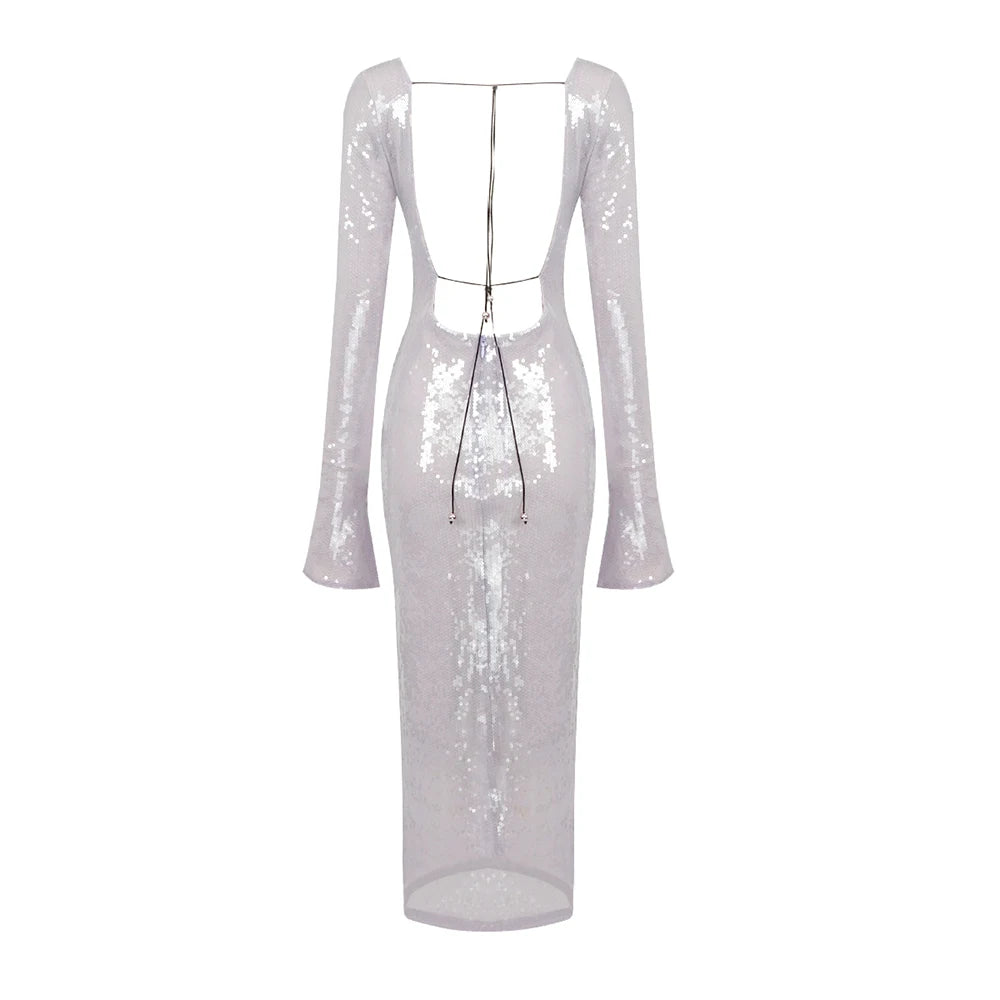 BEVENCCEL Sexy Luxury Sequins Deep V Long Sleeve Backless Sequins Long Dress Elegant Bodycon Maxi Evening Party Clubwear Dress
