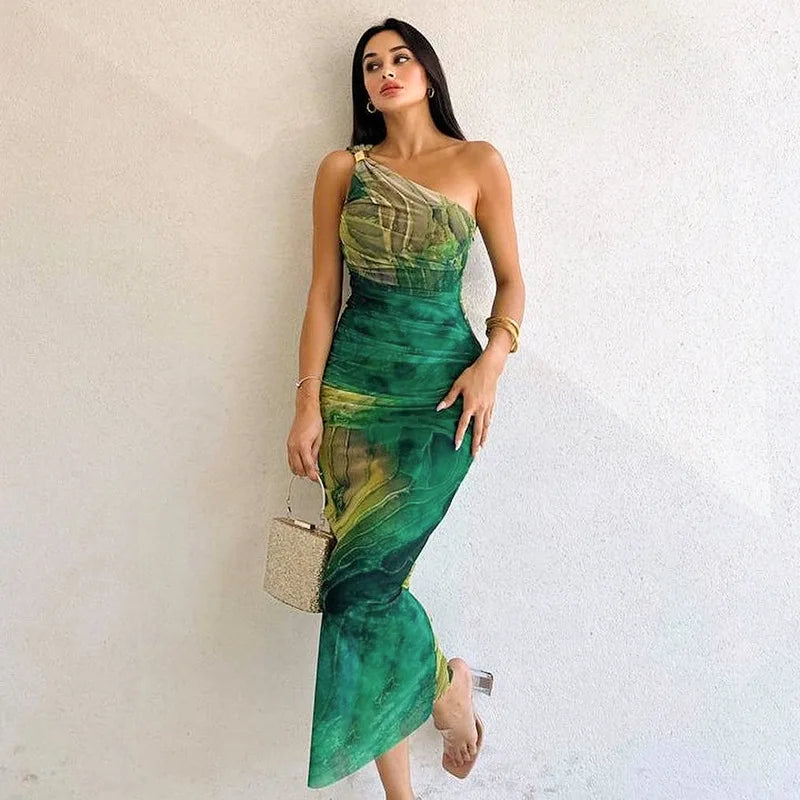 Green Print Long Dress Women Fashion One Shoulder Slim Evening Party Dresses Summer Sexy Backless Ruched Maxi Dress 2024