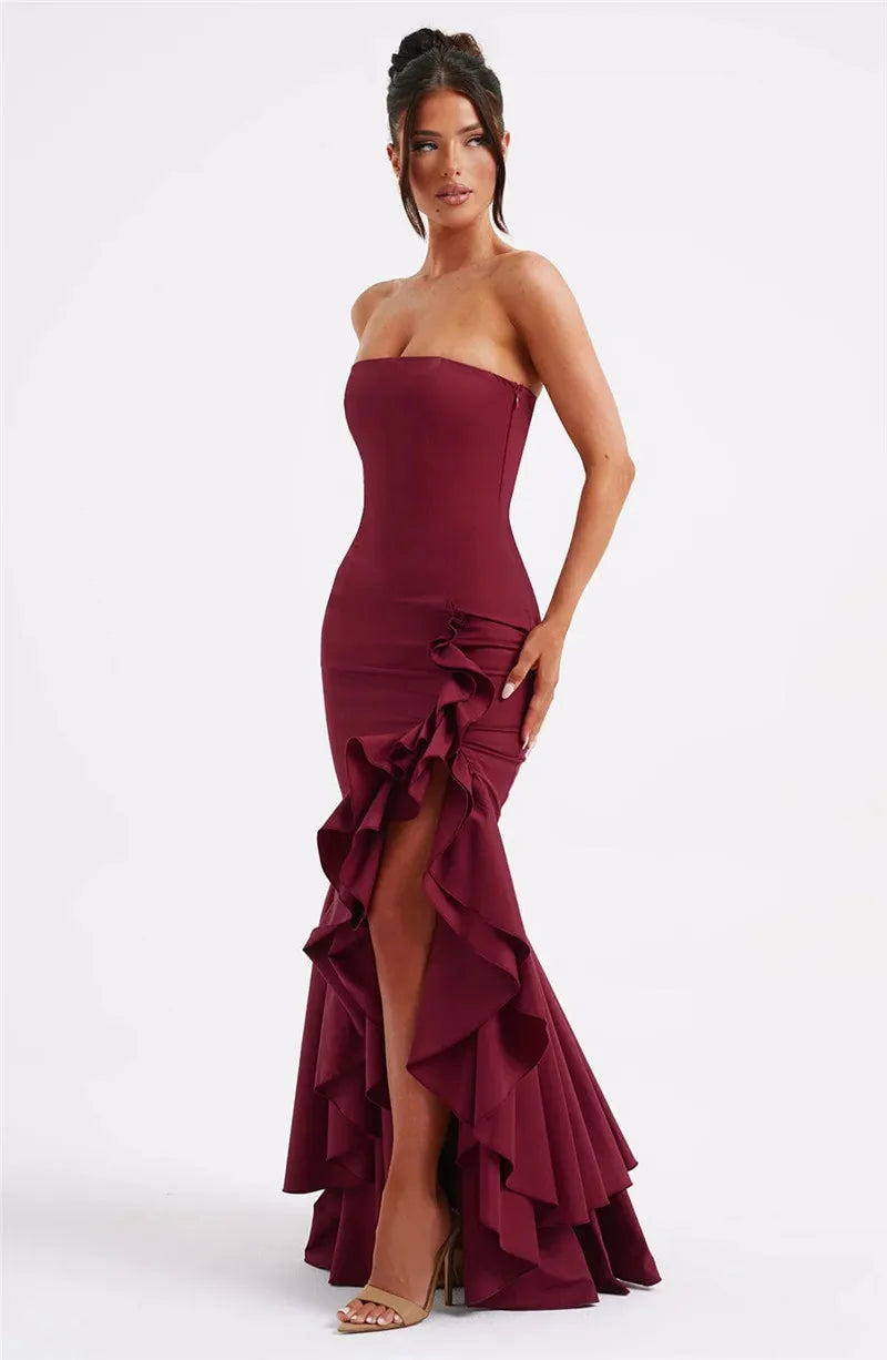 Mozision Strapless High Split Ruffle Long Dress For Women Fashion Off-shoulder Backless Sleeveless Bodycon Club Party Sexy Dress