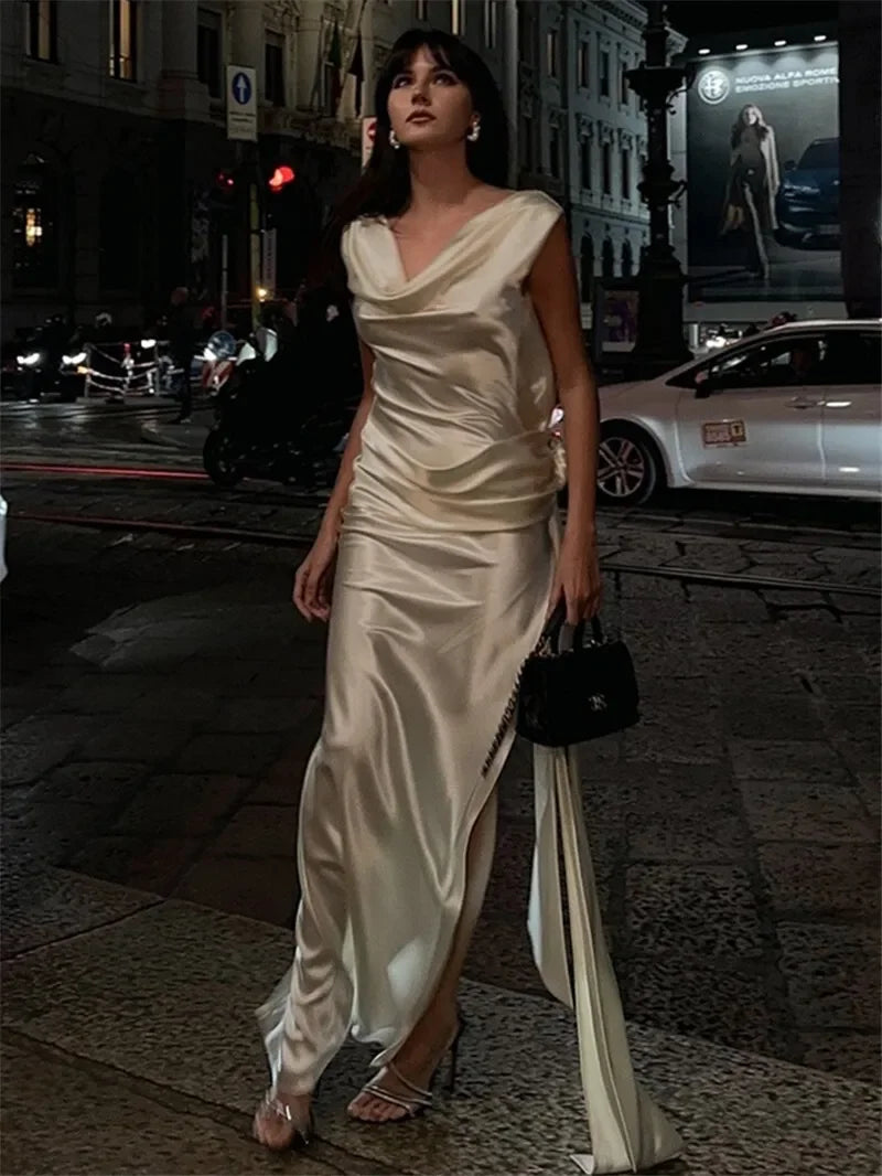 2025 Satin Backless Sexy Long Dress for Women Elegant Rose Thigh High Waist Beach Holiday Gorgeous Club
