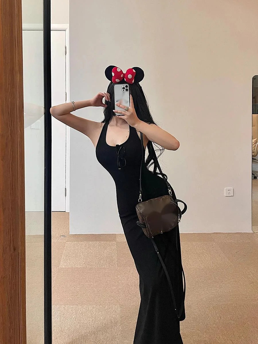 Sweet Women Maxi Dresses Sexy Backless Slim Hanging Neck Dress Long Dress Elegant V Neck Hot Sexy Korean Women Tops 2PLP