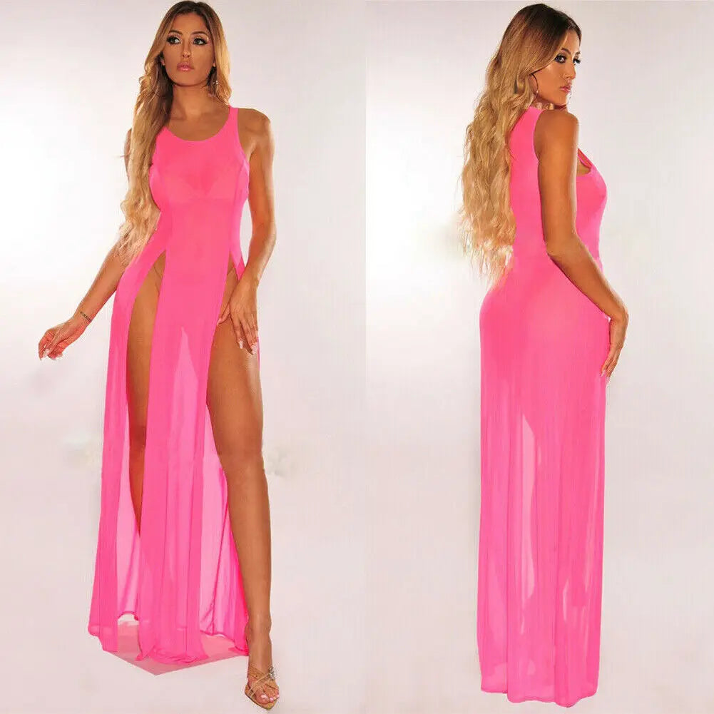 Lace O Mesh Neck Maxi Dress Mesh Lace Thin Transparent Sexy Women Slit Long Dress Elegant Women Fashion Sexy Women 7L7G