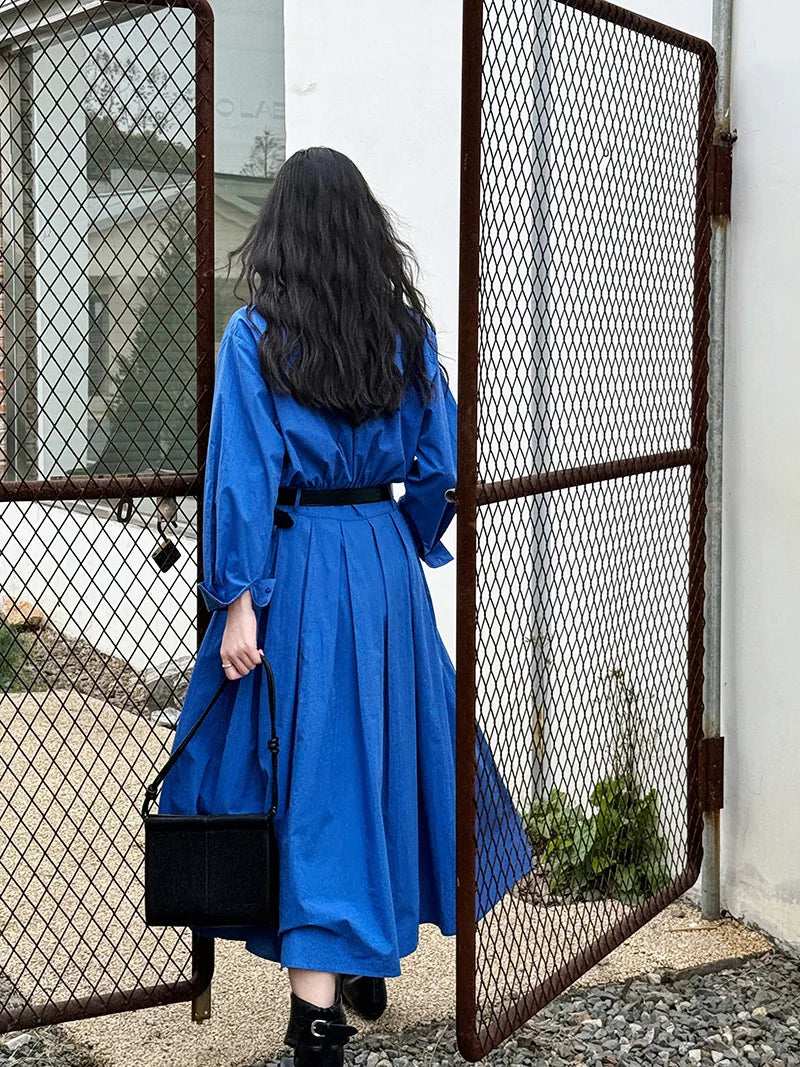 Polo‘s Collar Shirt Dress Women Spring Slimming Long Dress With A Cinched Waist Blue / Pink
