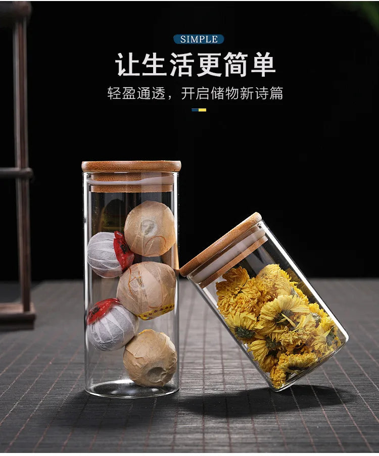 Kitchen Storage Tank Food Container Bambo Covered High Borosilicate Food Sealed Glass Tank Kitchen Miscellaneous Grain Organizer