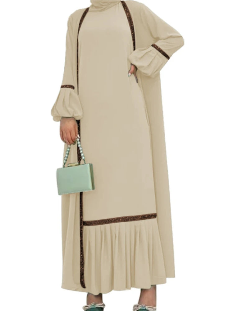 Muslim Women Hijab Dress 2 Piece Set Eid Lantern Sleeve Maxi Long Dress Islamic Clothing Caftan Kimono Big Swing Abaya Dresses