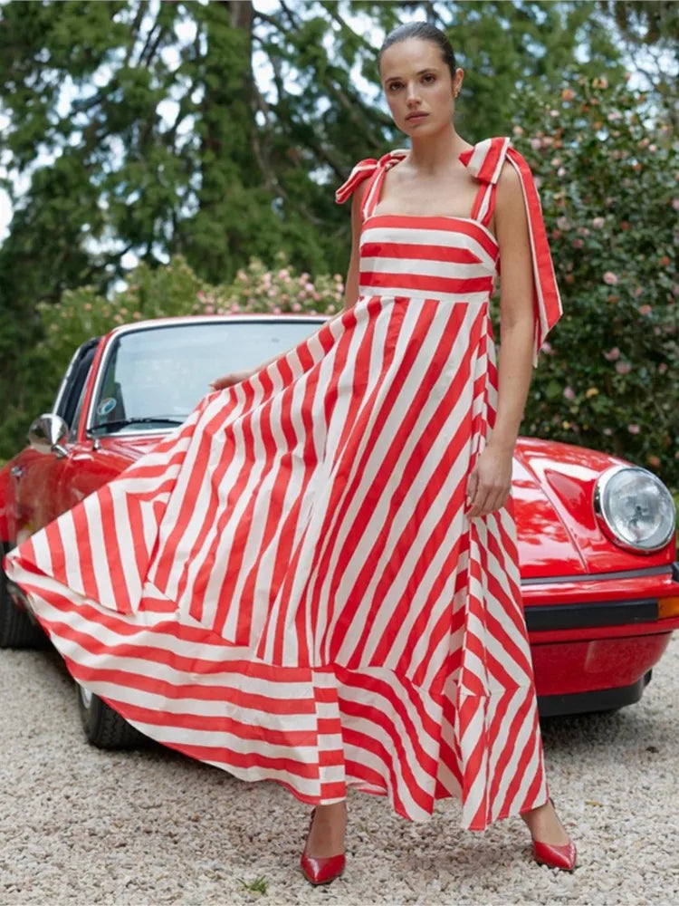 2024 Summer New Stripe Print Spaghetti Strap Dresses For Women Fashion Elegant Lady Bowknot Shoulder Strap Long Dress Vestidos