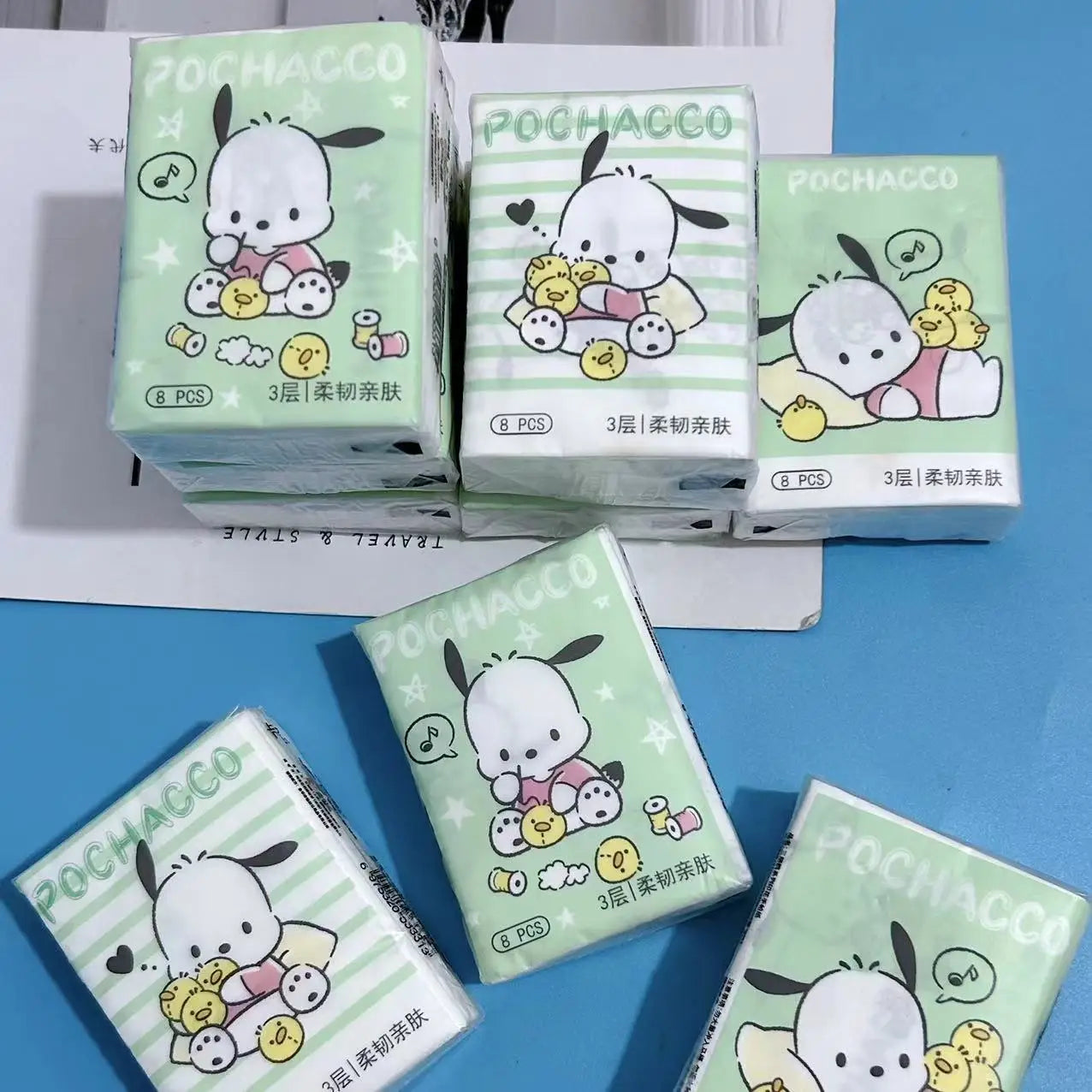 Kawaii Hello Kitty Handkerchief Paper Cartoon Sanrio Pochacco Kitty Printed Napkins Portable Small Pocket Tissues Facial Paper