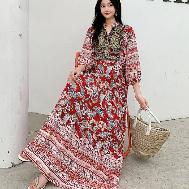 Summer Autumn Robe Maxi Long Dress Women Indian Clothes Boho Cotton Print Floral Boho Korean Style Fashion Casual Vestido Largos