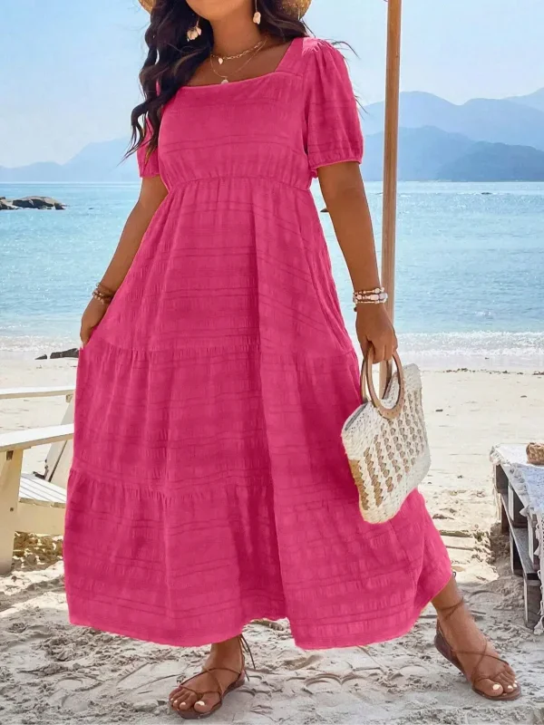 Plus Size 1XL-5XL Women's Fashionable Square Neck Solid Color Dress Ladies Casual A-line Skirt Short Sleeved Long Dress