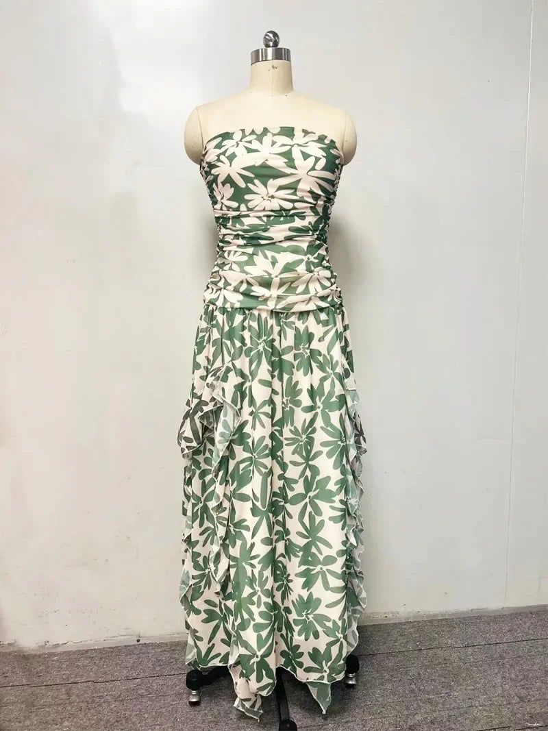 2025spring/summer New Printed Strapless Long Dress with A Stylish Design and Pleated Long Chiffon Dress for Women's Evening Wear